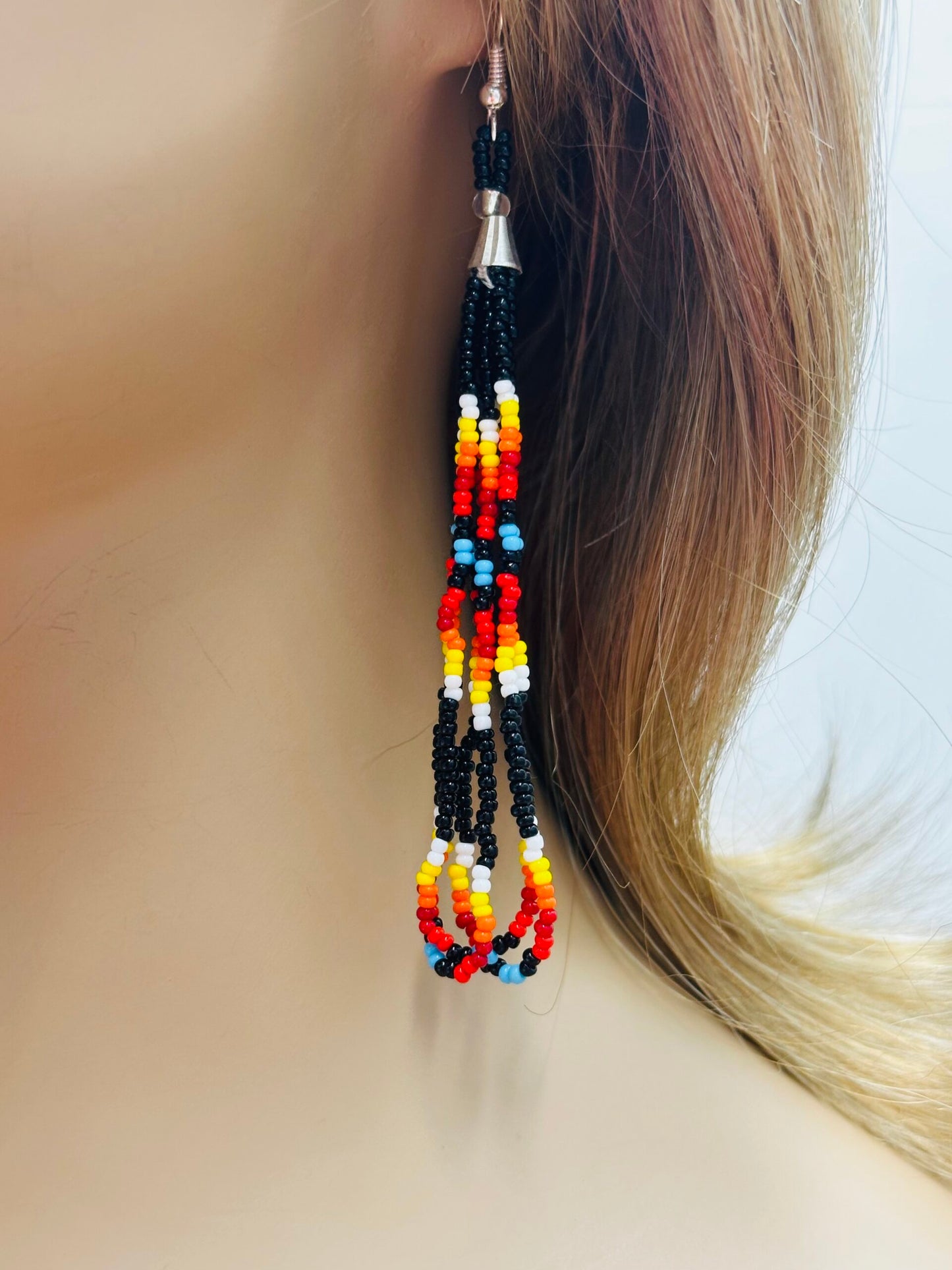 Handmade beaded Black Fire long hook earrings