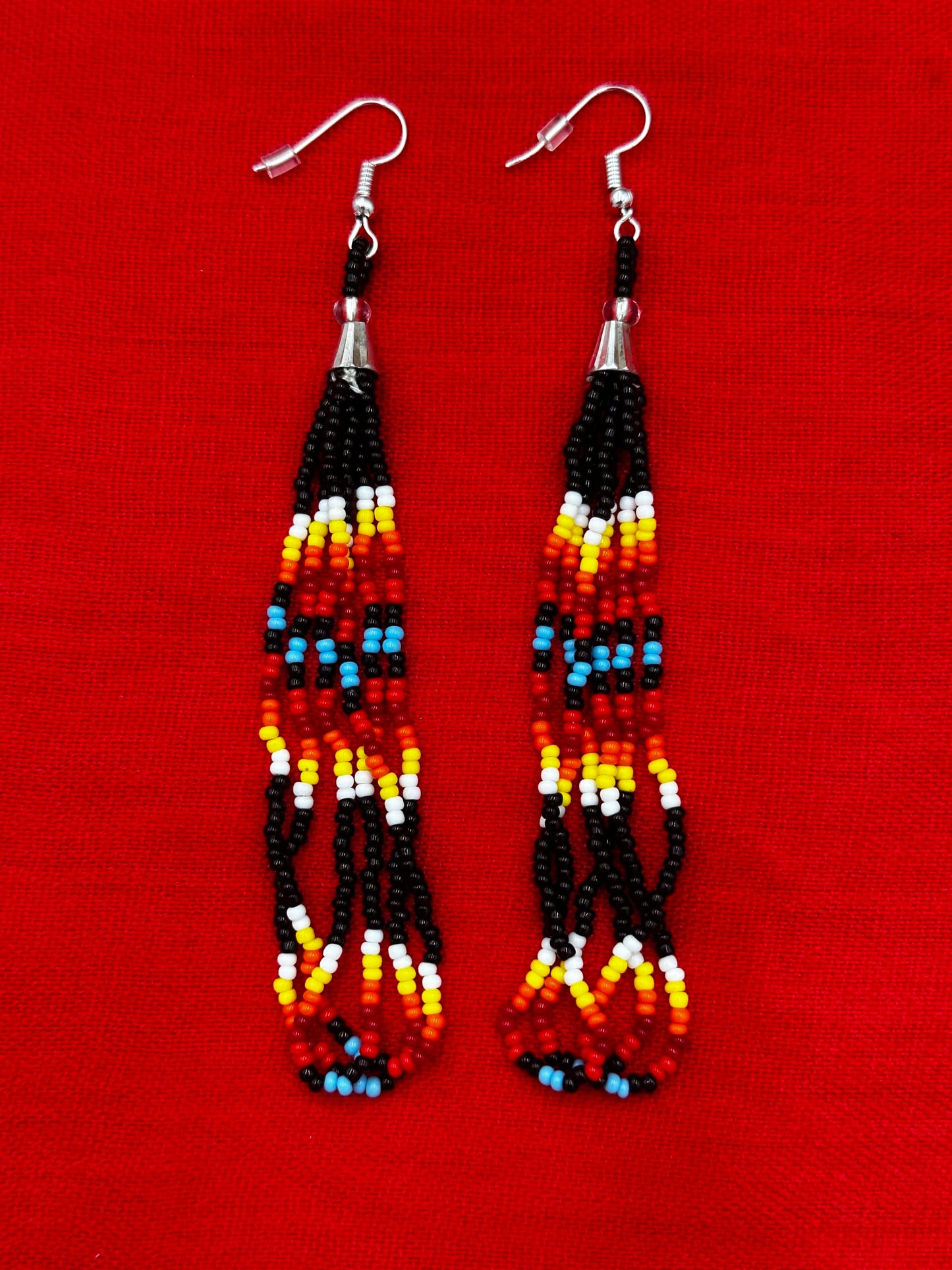 Handmade beaded Black Fire long hook earrings