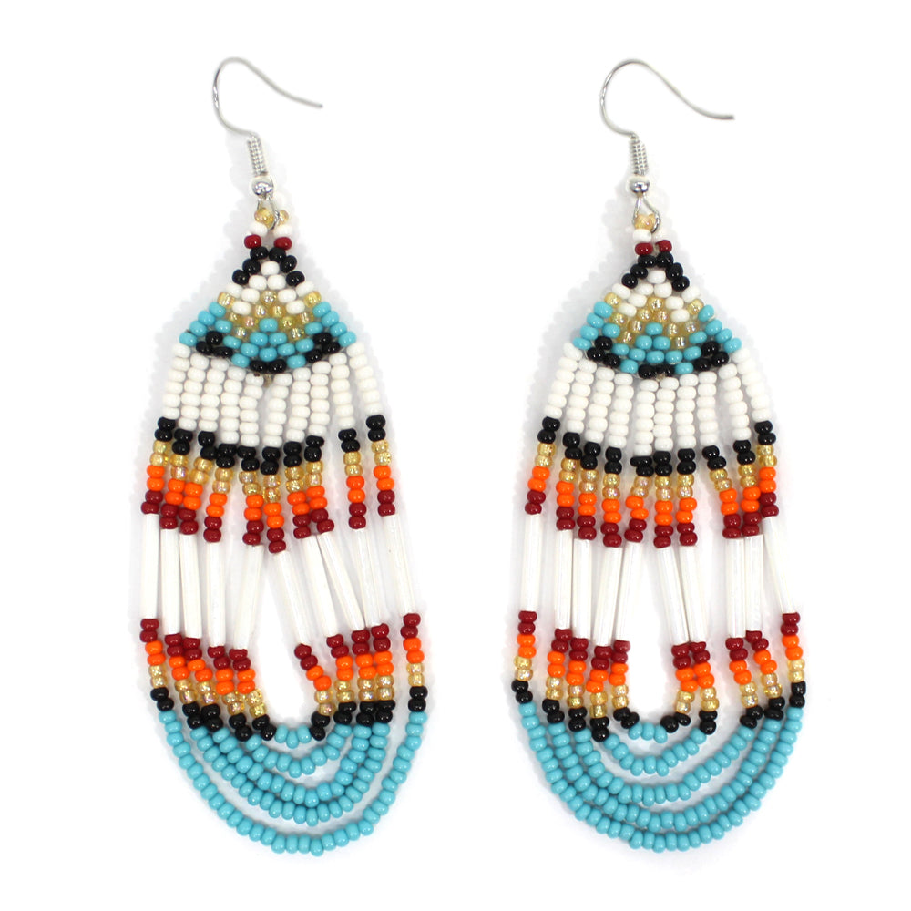 Cyan Blue and Red Handmade Beaded Loop Earrings - Lightweight and Vibrant Jewelry