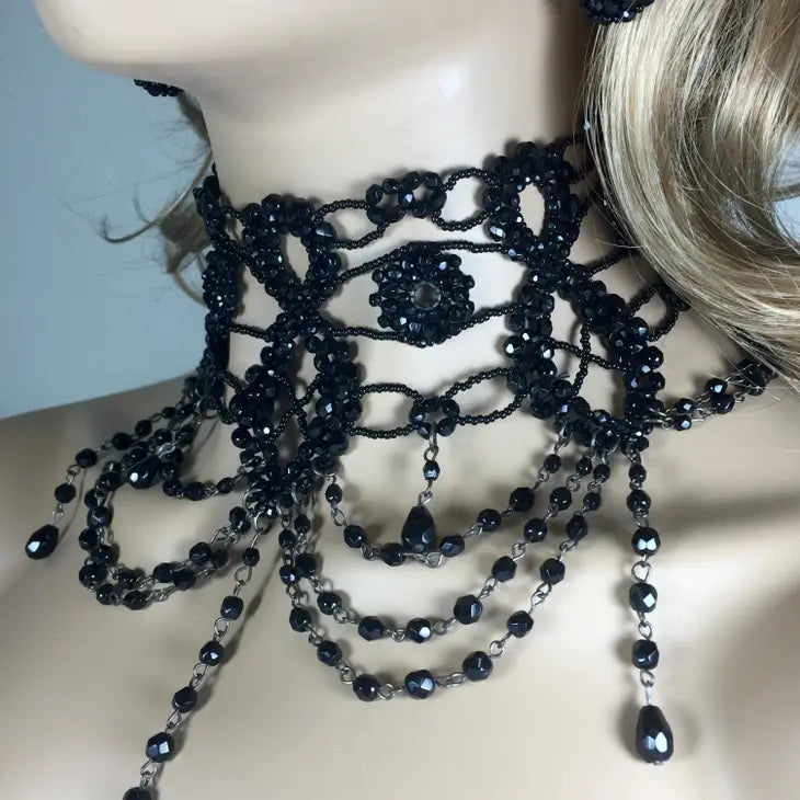Handmade Gothic Black Beaded Necklace Choker Earrings Set