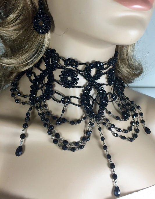 Handmade Gothic Black Beaded Necklace Choker Earrings Set