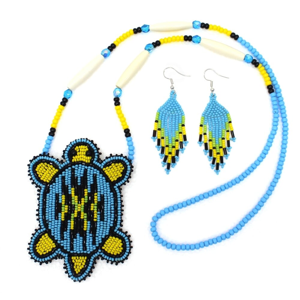 Black & Blue Turtle Beaded Necklace and Earring Set