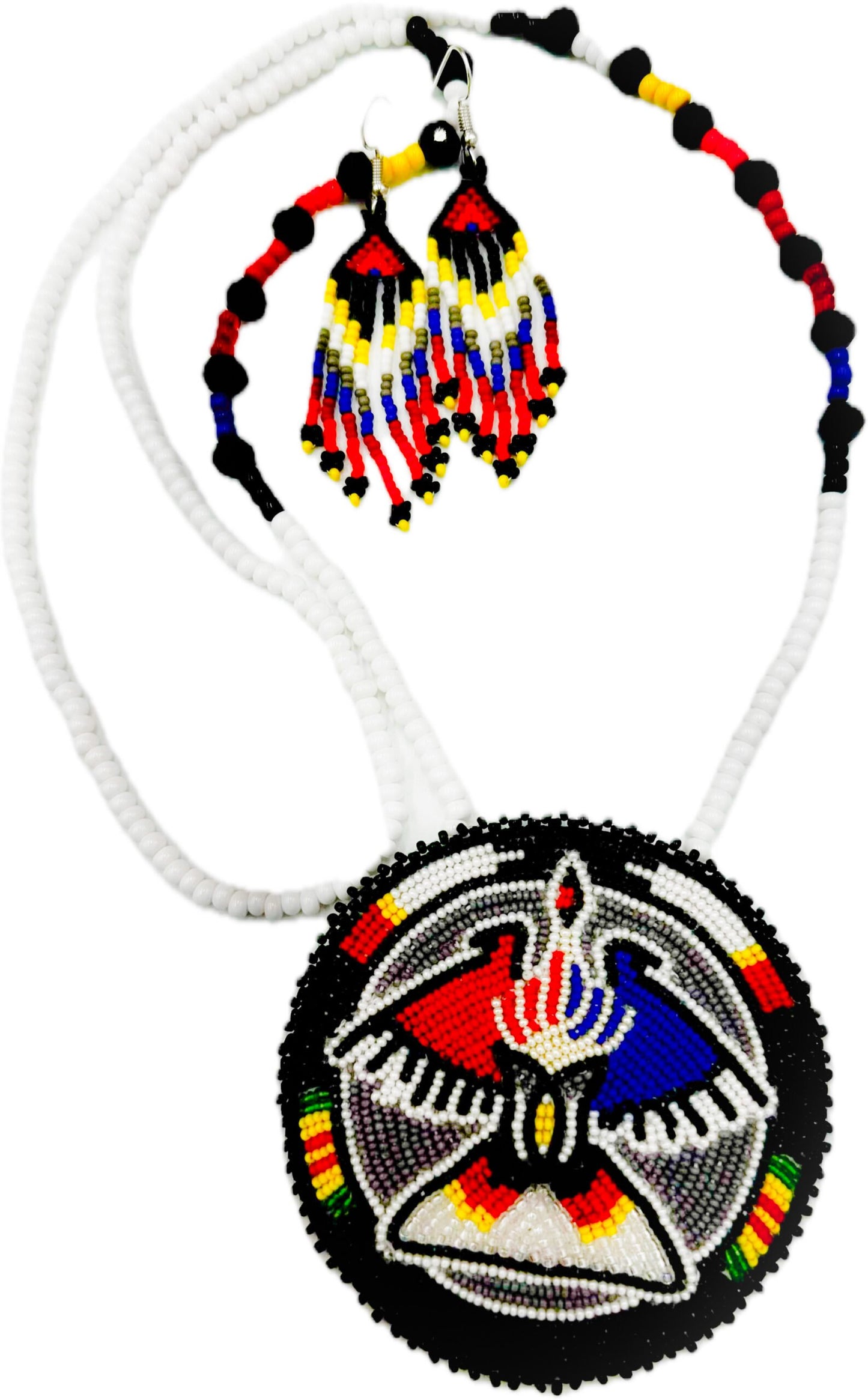 Handmade beaded Grey Black Eagle necklace earrings set