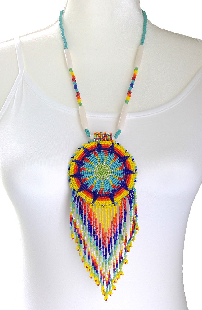 Yellow Blue Seed Beaded Star Necklace Earrings