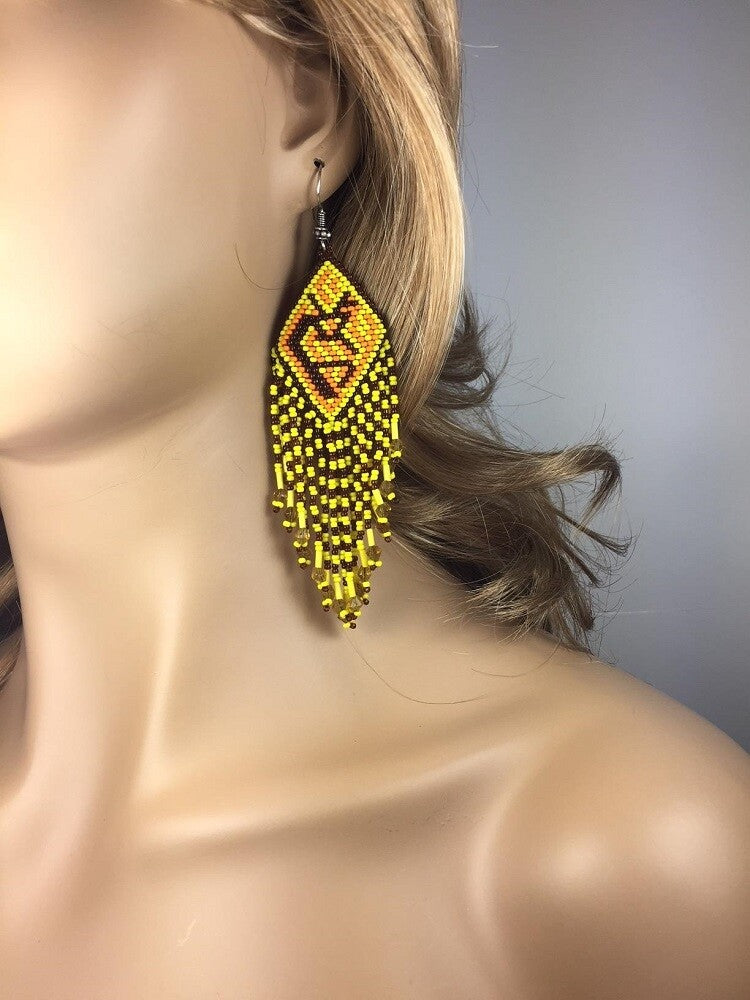 Handmade Beaded Yellow Seed Bead Kokopelli Earrings