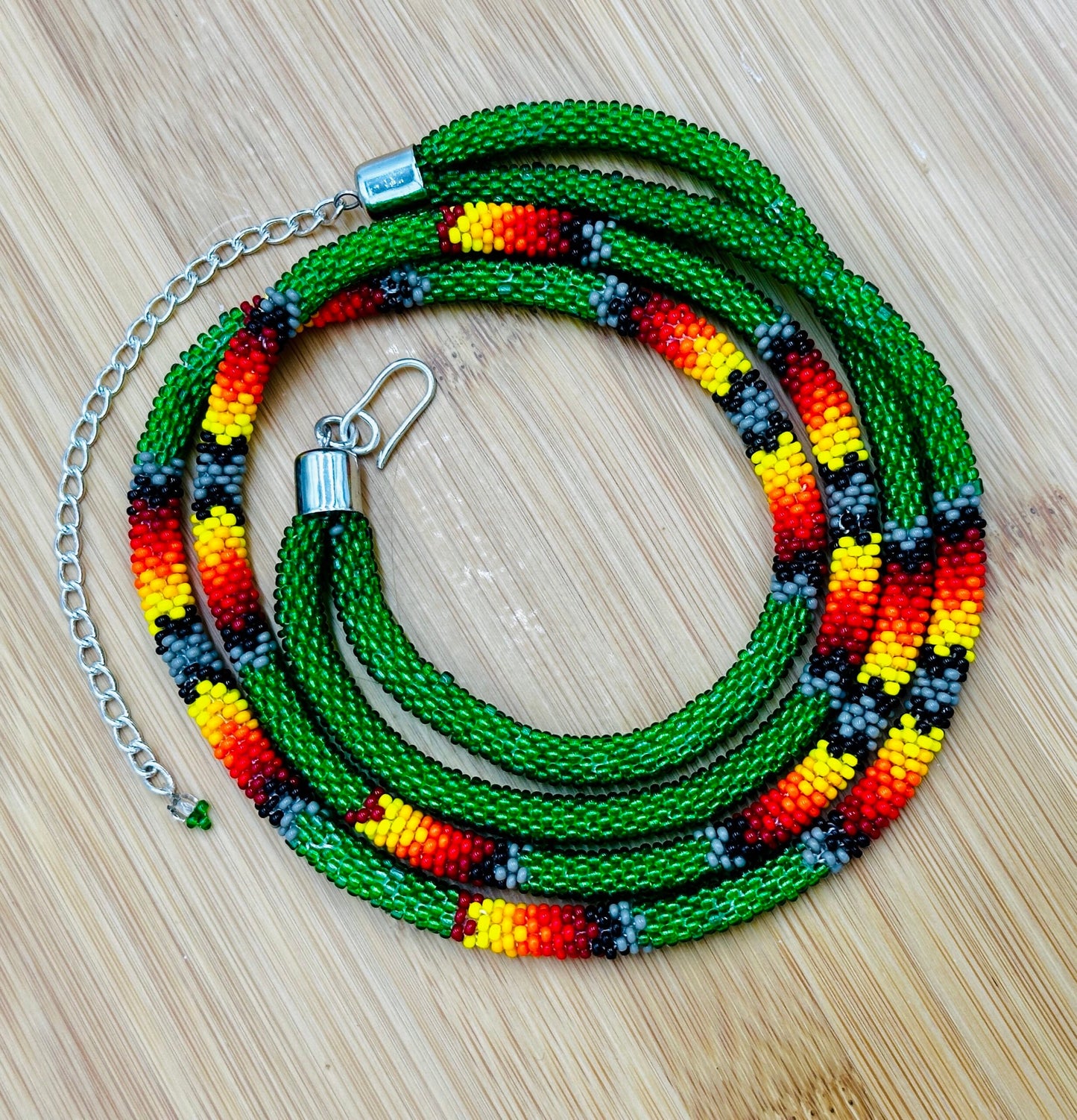 Handmade Beaded Green Rope double layered necklace