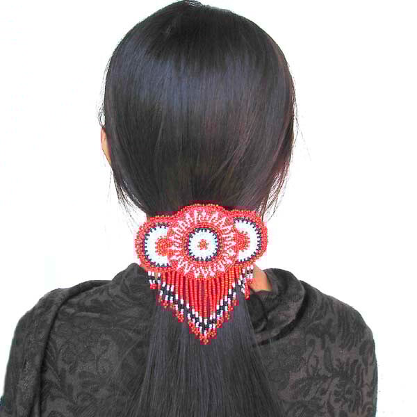 Beaded Barrette French Clip Red Rossette Fringe Beadwork