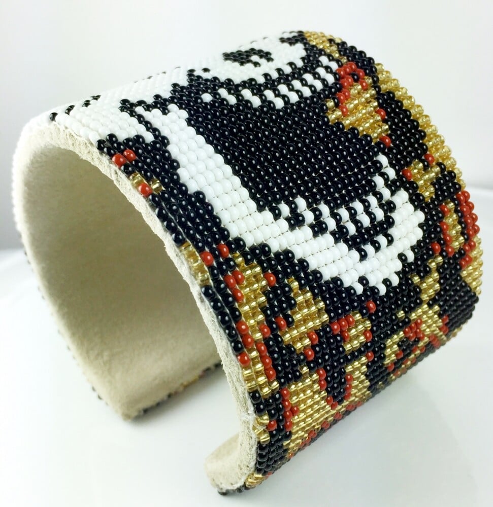 Skull Pattern Adjustable Handmade Beaded Bracelet - Wide Leather Cuff