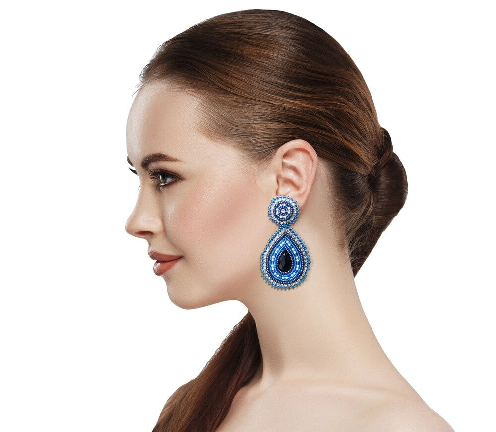 Handmade Beaded Teardrop Shape Post Earrings with Czech Seed Beads - 3 Inches Long, 1.5 Inch Wide - Cyan Blue