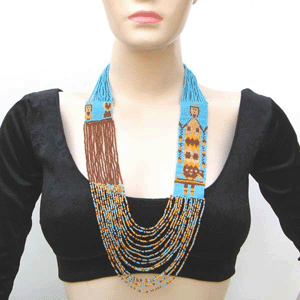 Blue Brown Seed Beaded Layered Necklace Yei Dancer Beadwork