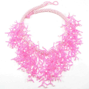 Pink White Russian Frost Seed Beaded Bib Necklace Earrings Set