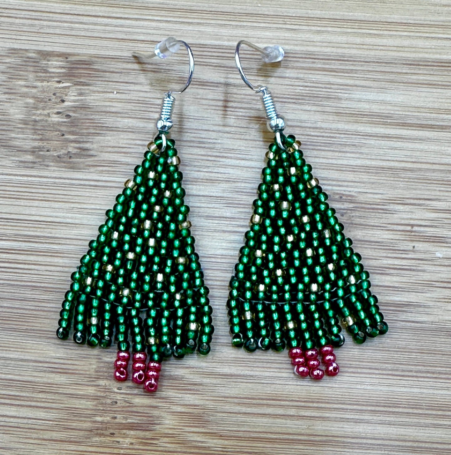 Handmade beaded Christmas tree hook drop dangle earrings