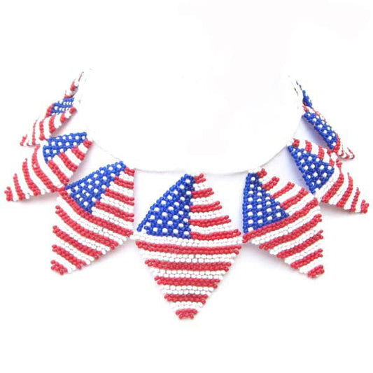 Red Blue White Seed Beaded American Flag Patriotic Beadwork Necklace