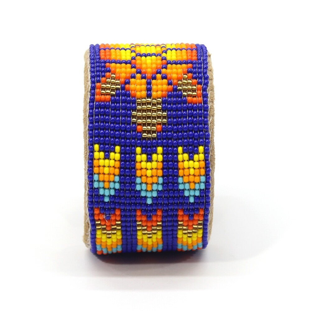 Blue Orange Turtle pattern Seed Bead Bracelet - Handmade Adjustable Cuff Wide Leather