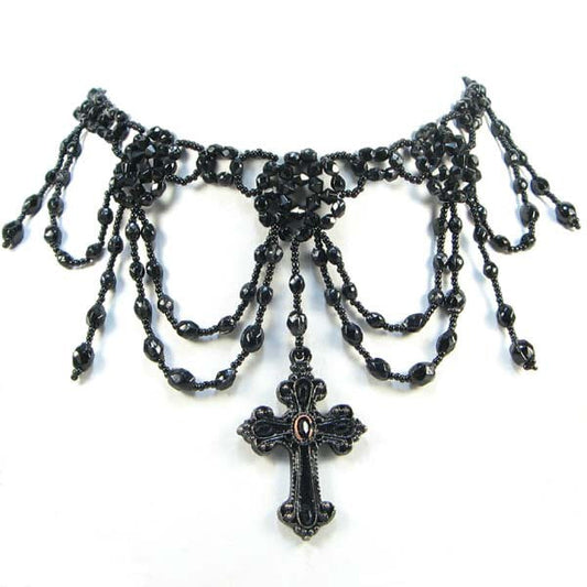 Black Victorian Grand Cross Beaded Choker Necklace