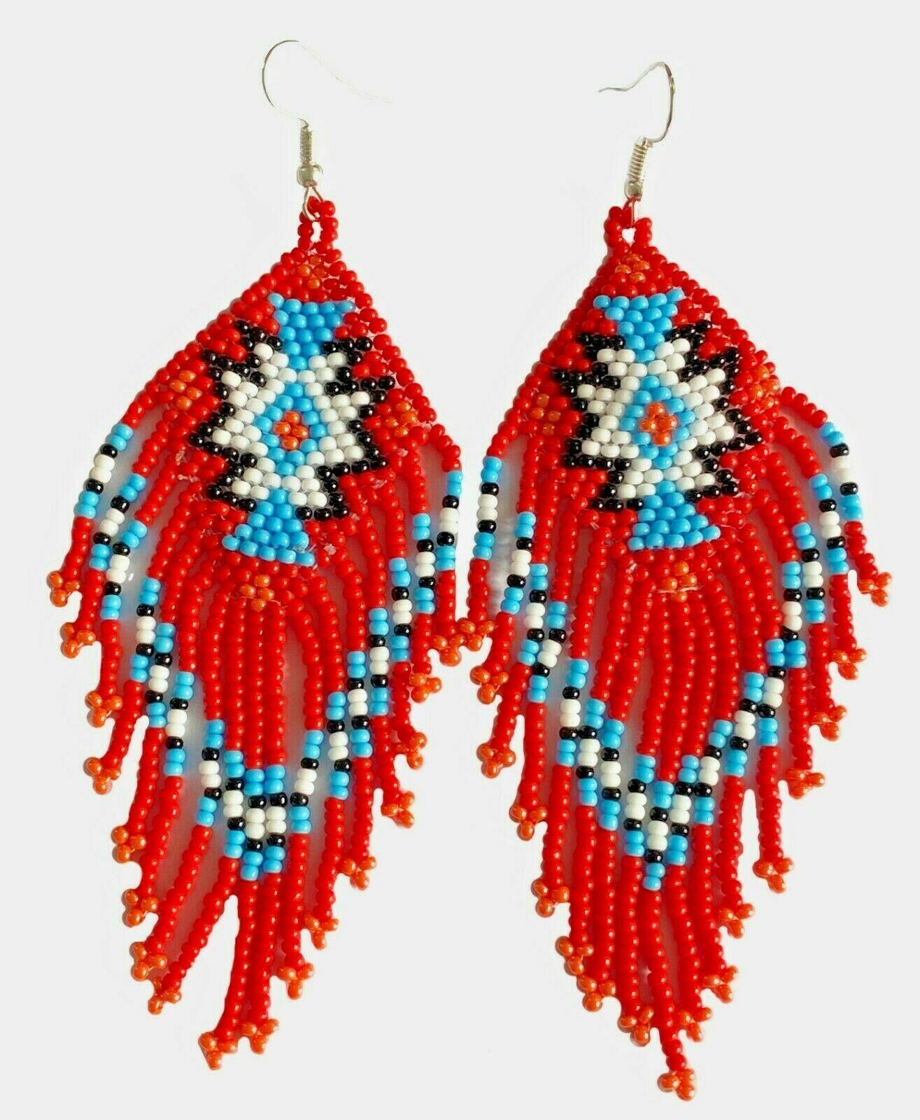 NATIVE STYLE ETHNIC RED WHITE BEADED HANDMADE CHANDELIER HOOK EARRINGS E61/14