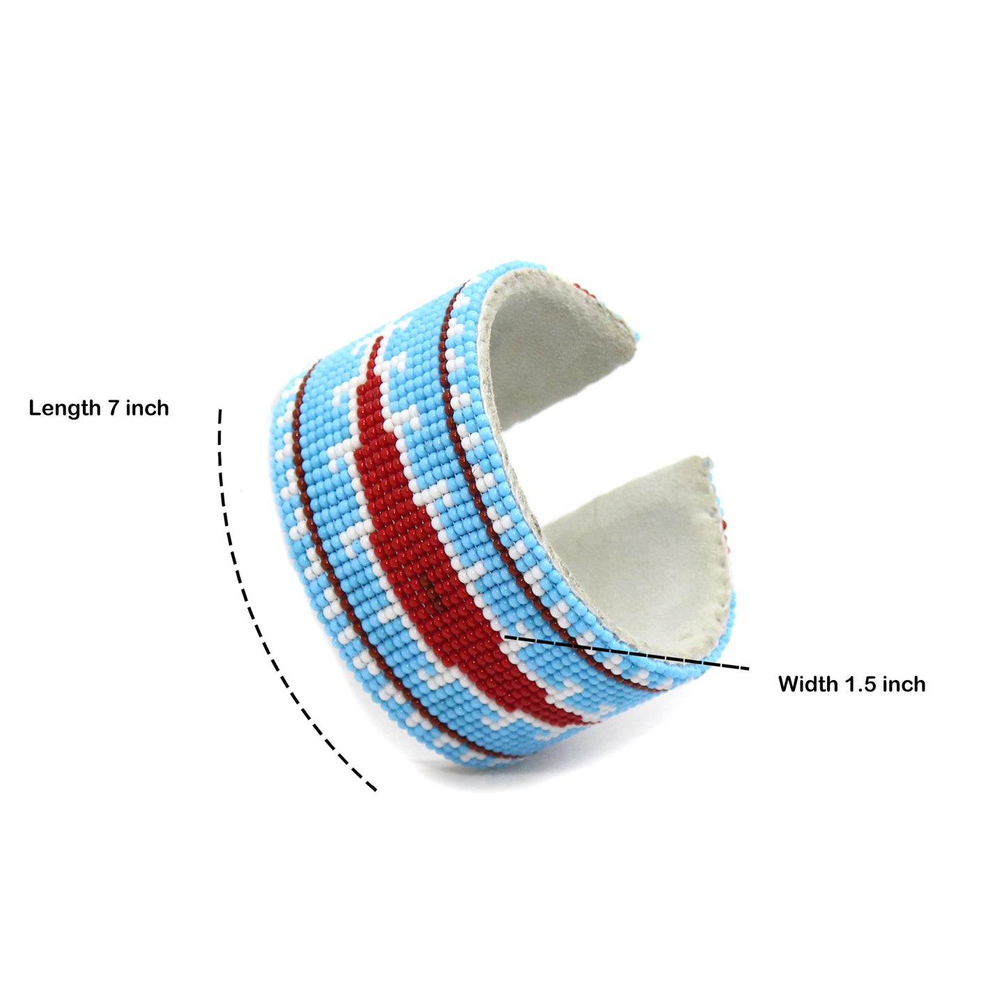 Handmade Beaded Cyan Blue Red Leather Hard Cuff Bracelet - Native Style, Adjustable and Bendable