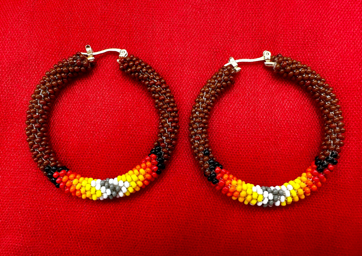 Handmade beaded 2 inch Brown Native style Hoop earrings