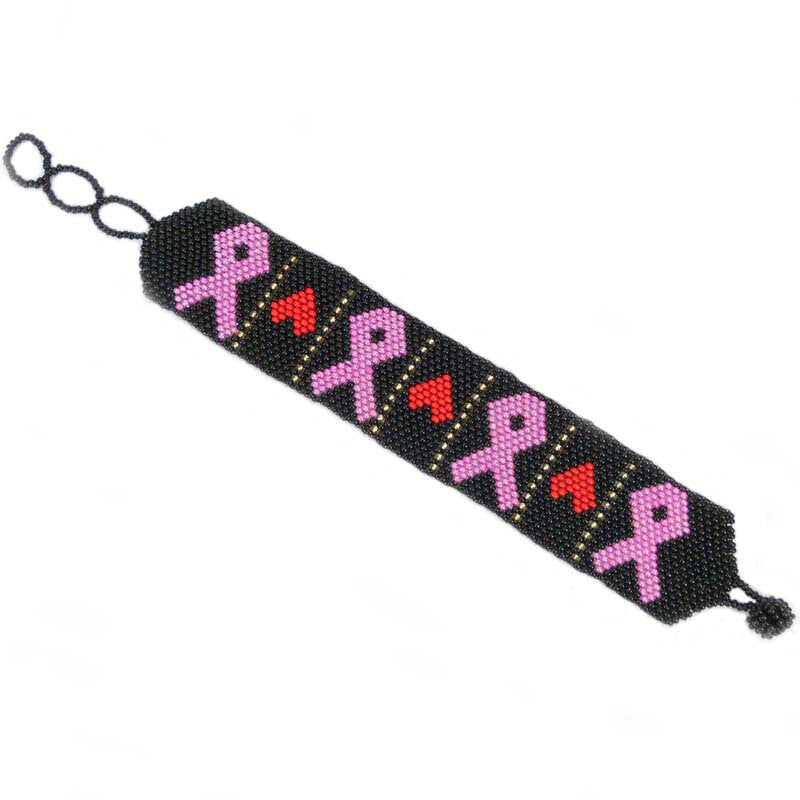 Black Red Golden Seed Beaded Pink Ribbon Breast Cancer Awareness Bracelet