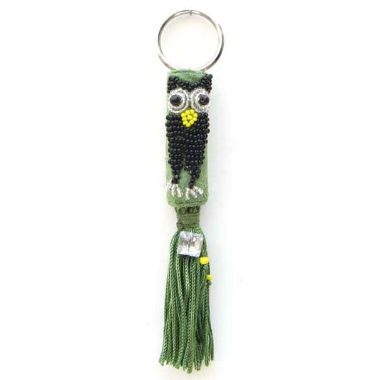 Black Owl Beadwork Seed Beaded Key Ring Charm Leather Handmade