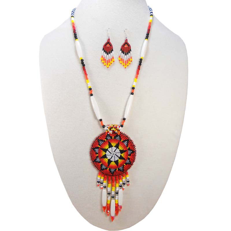 Red Seed Beads Long Medallion Star Fire Color Beaded Necklace Earrings Set