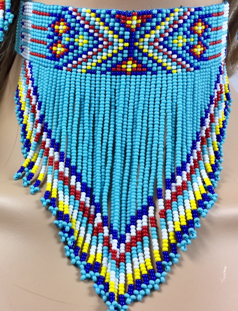 Turquoise Blue Beaded Choker Necklace Earrings Set