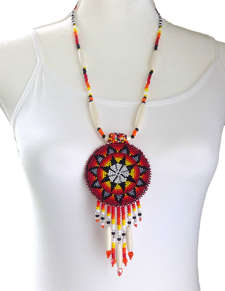 Red Seed Beads Long Medallion Star Fire Color Beaded Necklace Earrings Set