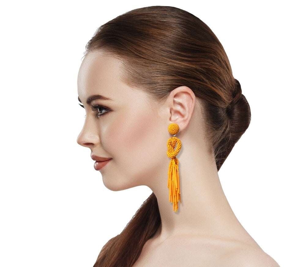 Handmade Beaded Solid Color Post Statement Earrings for Women Girl All Season - 4 inch Long Dangle with Celtic Knot Design - Czech Seed Beads - Orange
