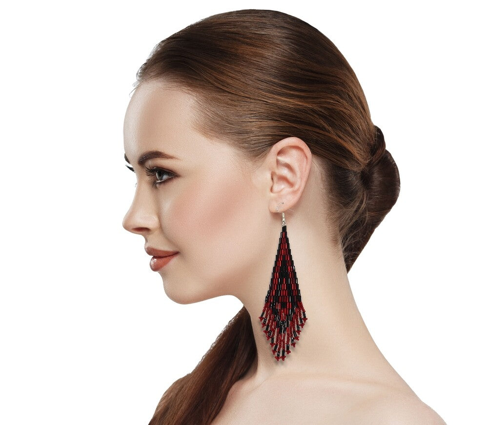 Handmade Beaded Deep Red Bugle Seed Beaded Earrings