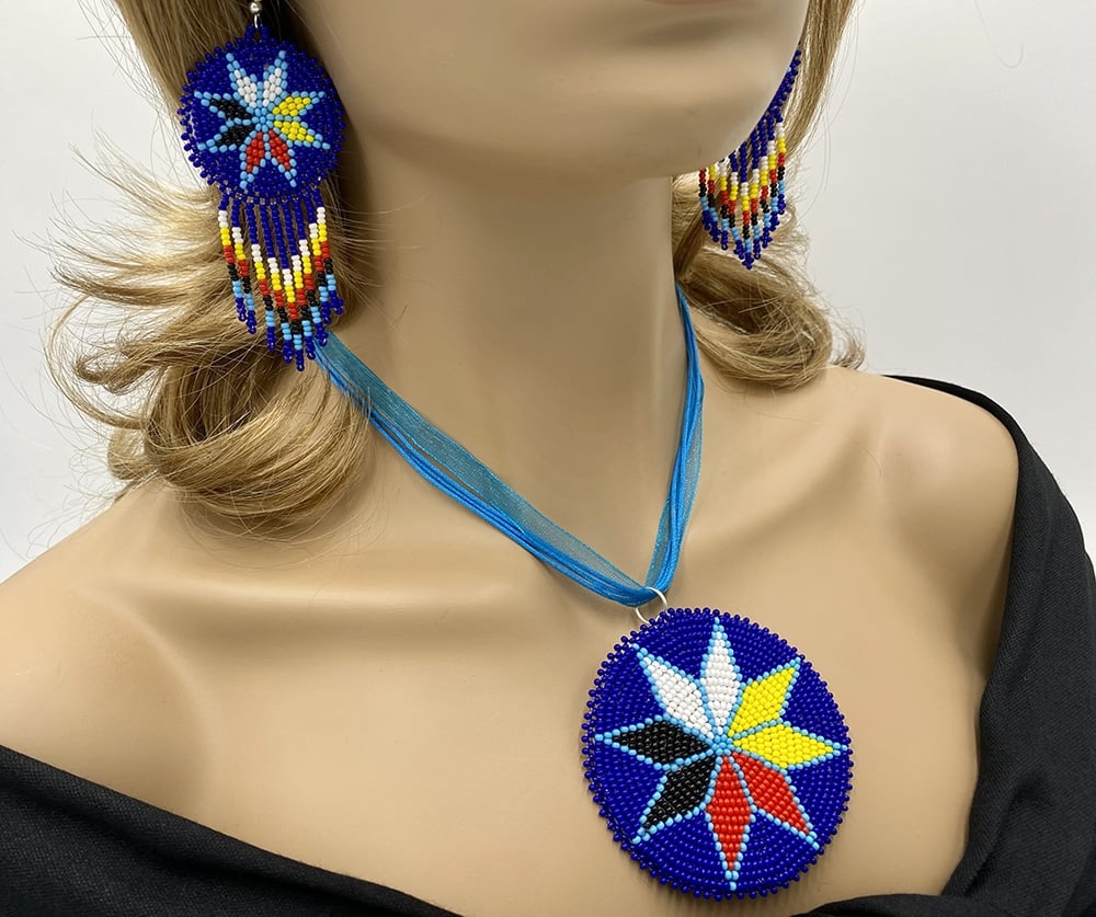 Handmade Beaded Deep Blue Medallion 4 Directions Necklace Earrings Set