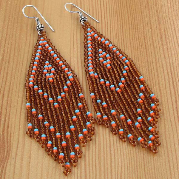 Handmade Brown Seed Bead Fringe Earrings with Turquoise & Coral Accents