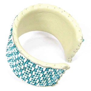 Handmade White Green Geometric Pattern Leather Hard Cuff Bracelet