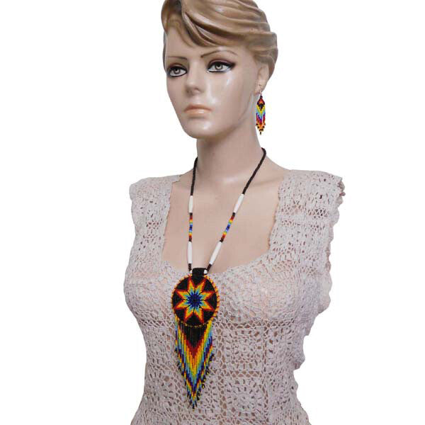 Black Fire Seed Beaded Star Medallion Necklace Earrings Set