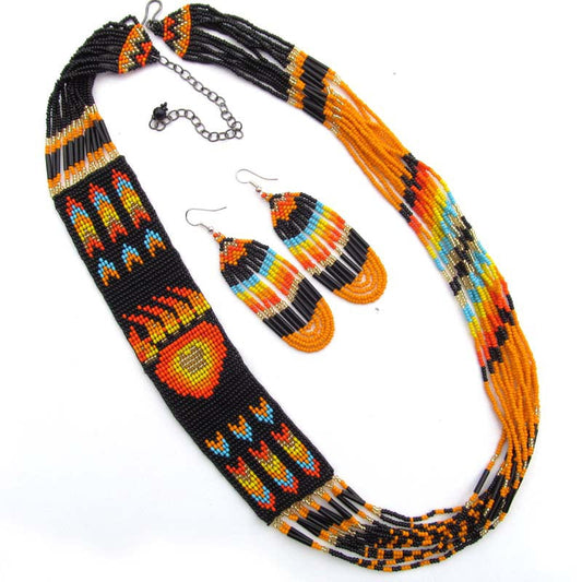 Handmade Black Fire Seed Beaded Bear Paw Necklace Earrings
