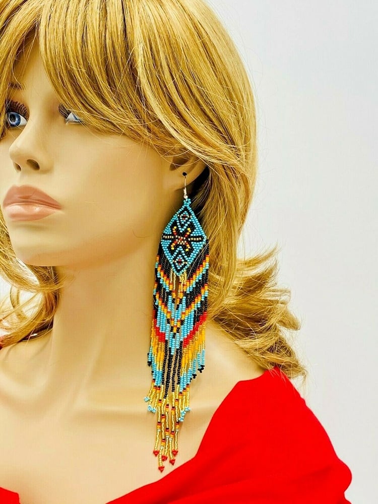 Handmade Beaded Extra Long Turquoise Blue Black Native Style Hook Earrings