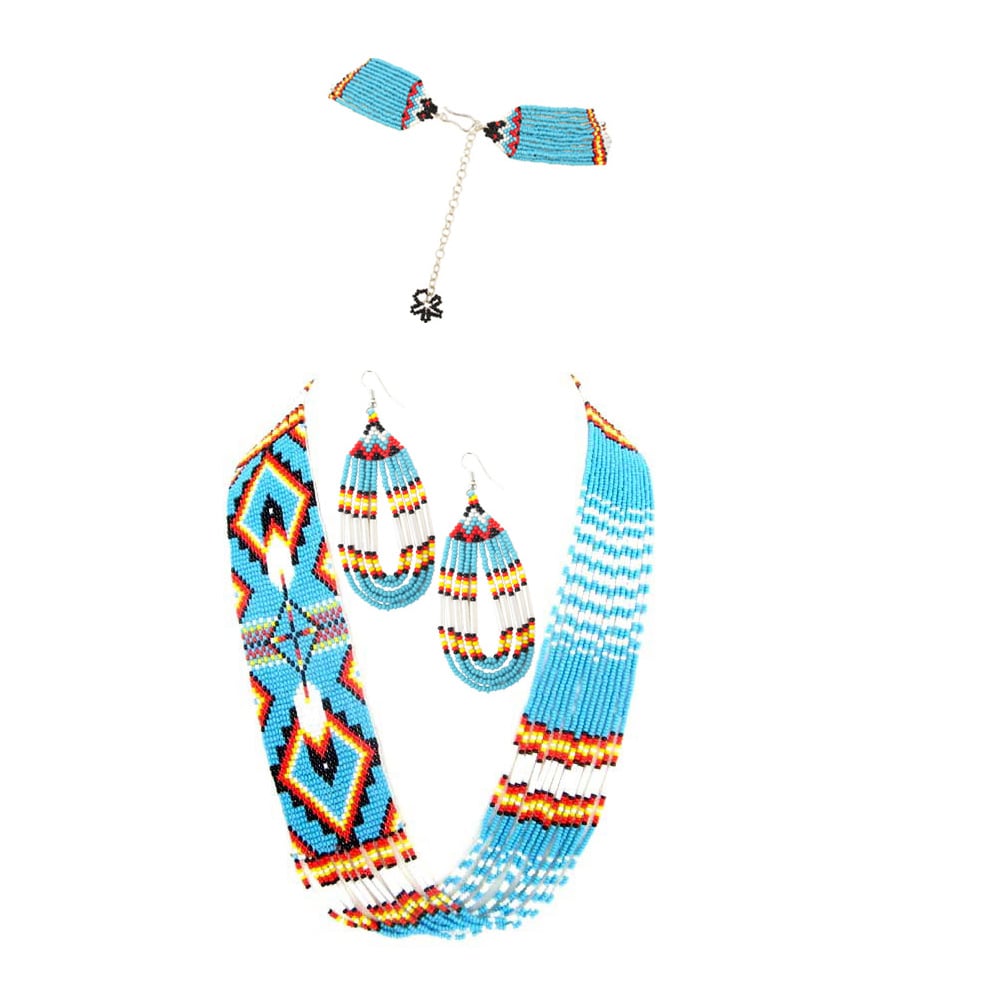Handmade Beaded Turquoise Blue Feather Design Layered Set