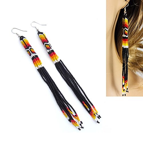 Handmade Beaded Earrings 5 Inch Long - Black