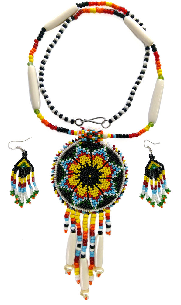 Black Yellow Seed Bead Long Star Medallion Handmade Necklace Earrings Set