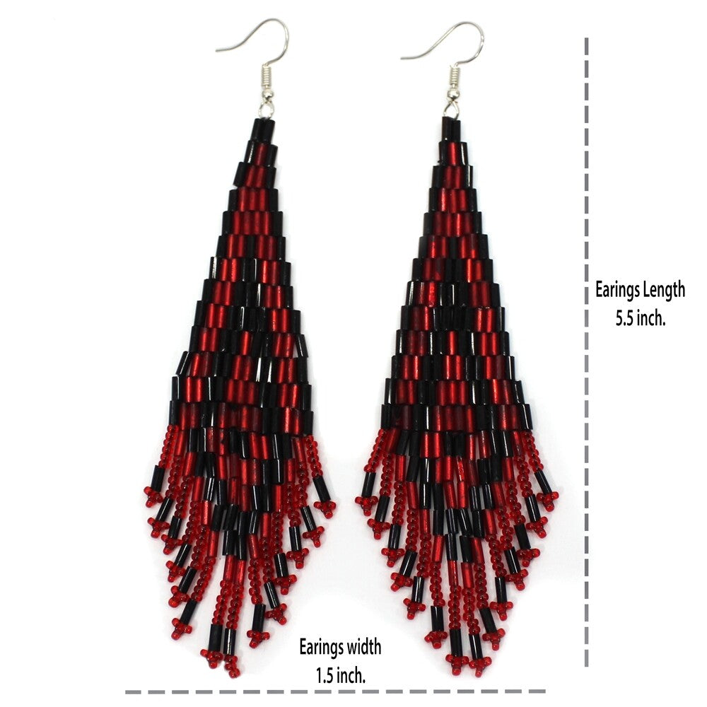 Handmade Beaded Deep Red Bugle Seed Beaded Earrings