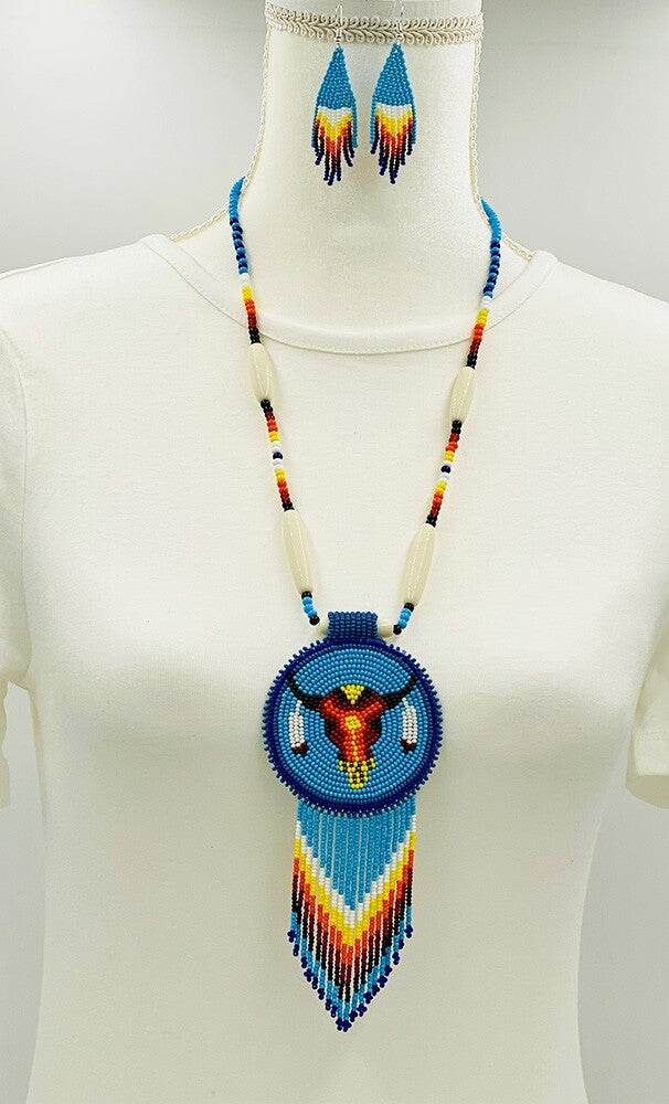 Turquoise Blue Beaded Bull Skull Medallion Necklace Set