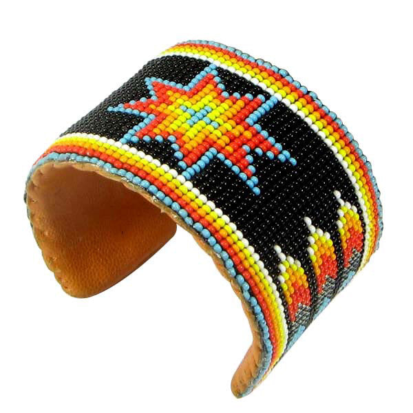Handmade Seed Beaded Black Red Star Flower Pattern Hard Cuff Bracelet Leather - Adjustable, Unisex