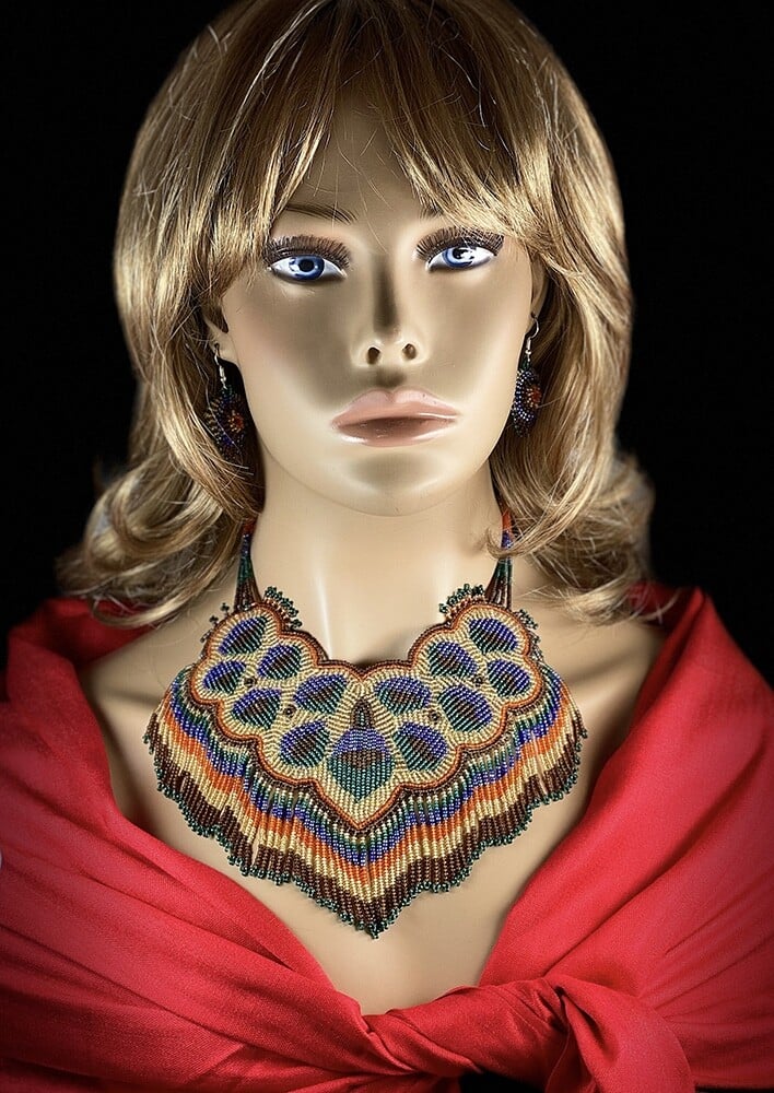 Handmade Peacock Feather Pattern Bib Necklace Earrings Set