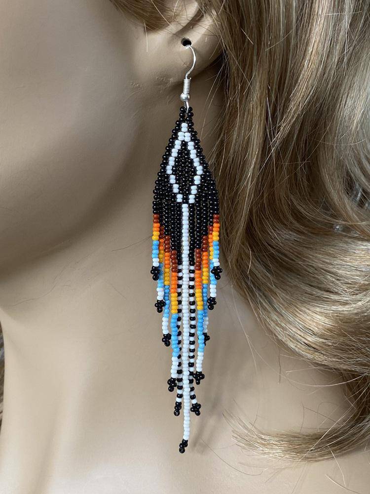 Handmade Beaded Native Style Black Multi-Color Hook Earrings