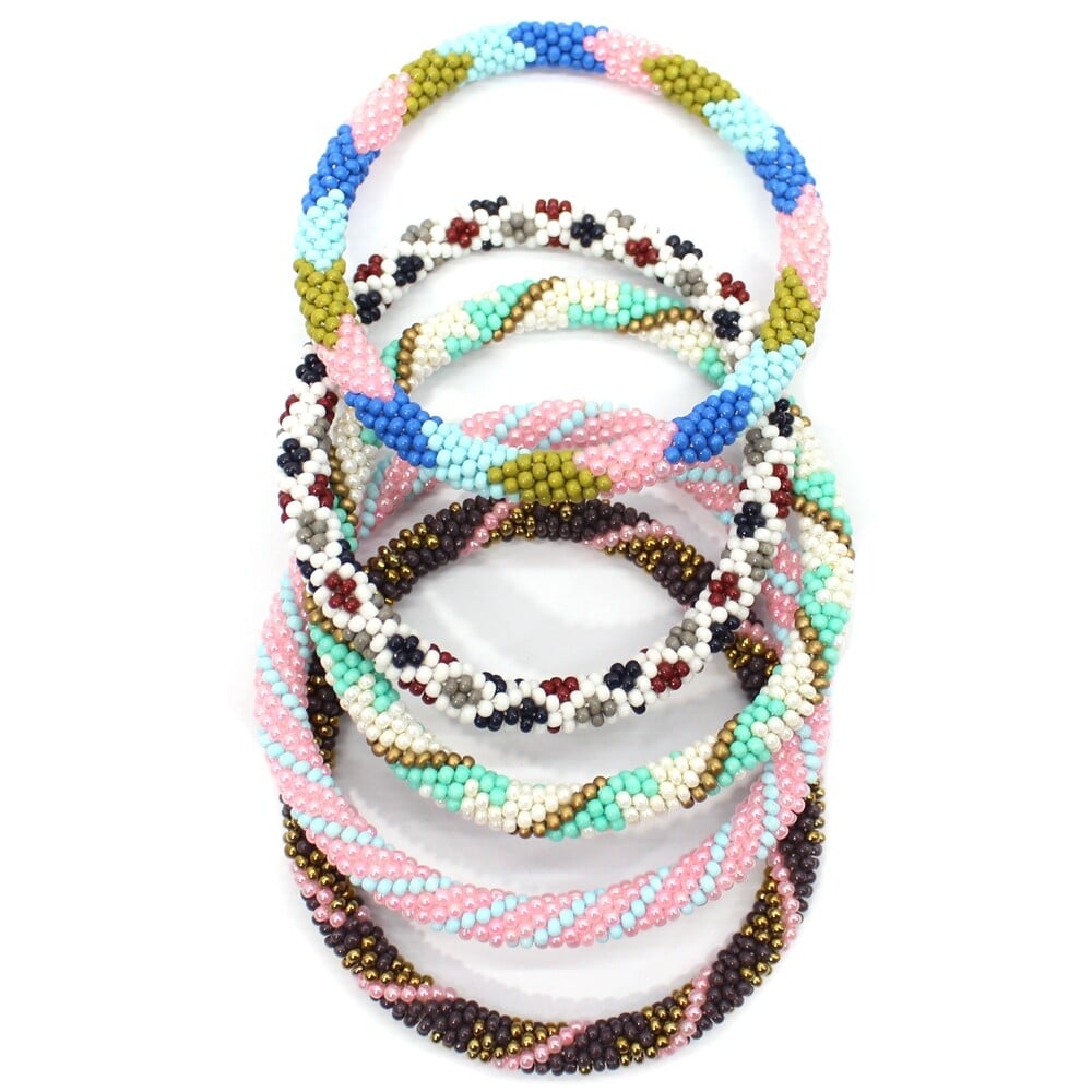 Handmade Pink Blue Cream Seed Beaded Crochet Bracelet