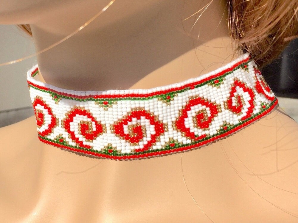 Handmade Native Inspired White Red Choker Necklace Earrings Set