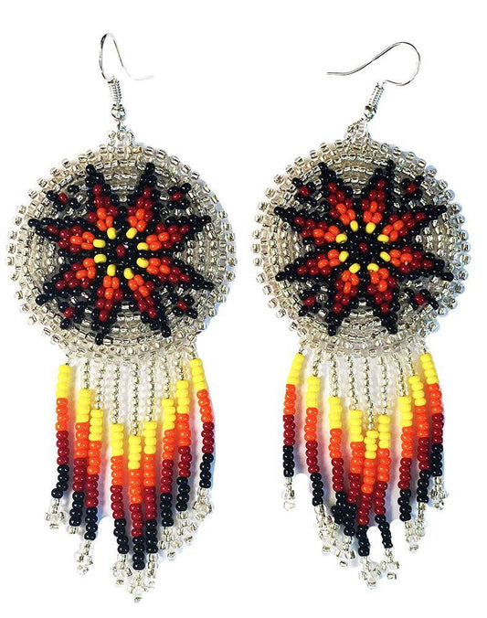 Handmade Beaded Silver Fire Color Round Fringe Hook Earrings
