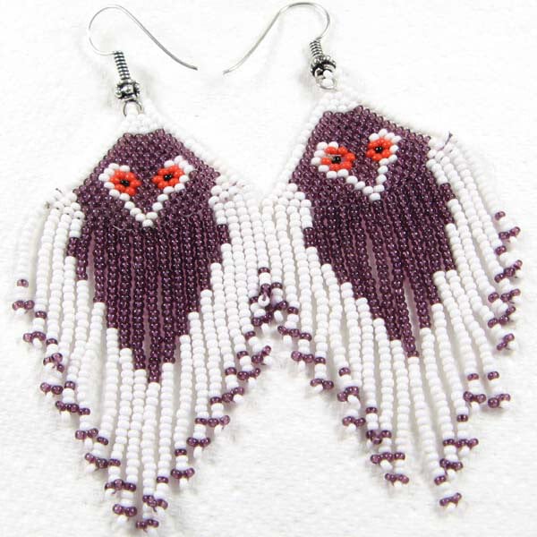 Purple & White Bird Beaded Earrings