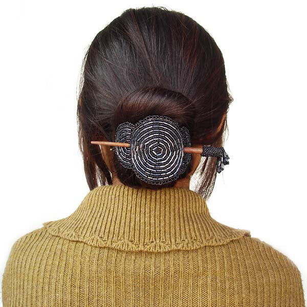 Beaded Barrette Wood Stick Slide Black Silver Rosettes