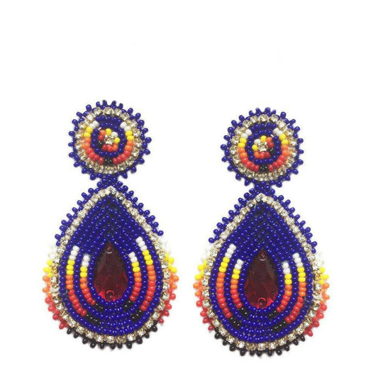 Handmade Beaded Teardrop Shape Post Earrings with Czech Seed Beads - 3 Inches Long, 1.5 Inch Wide - Deep Blue
