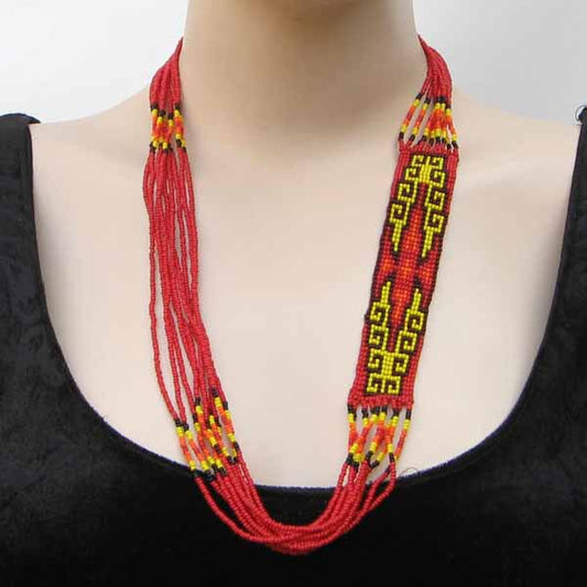 Vibrant Red Yellow Layered Beaded Necklace